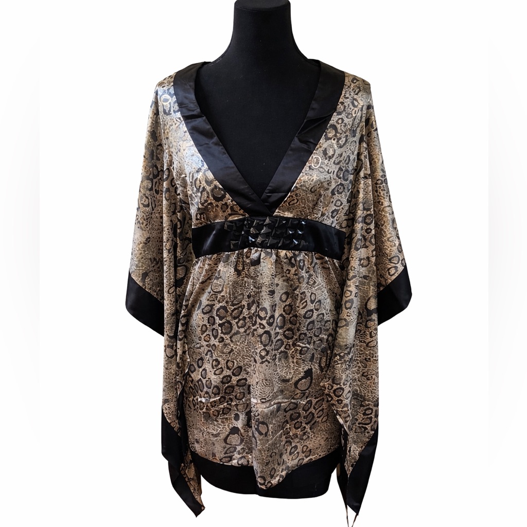 Runway Leopard Print Kimono Style Satin Blouse With Black Trim